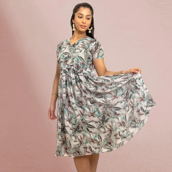 Grey Printed Dress with Bow | Harmony Hues | Muvvas Boutique - Picture 2 of 5